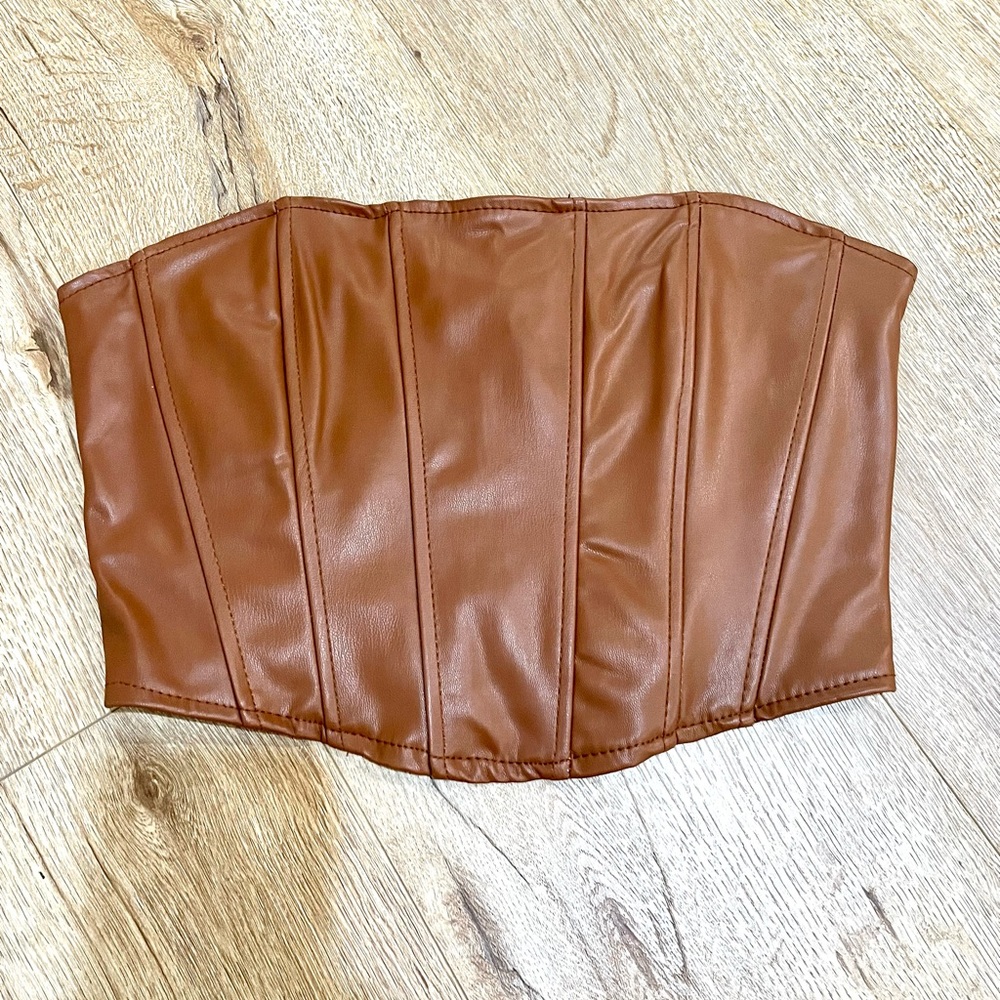 Zara - XS Vegan Leather Corset Crop Top - Brown